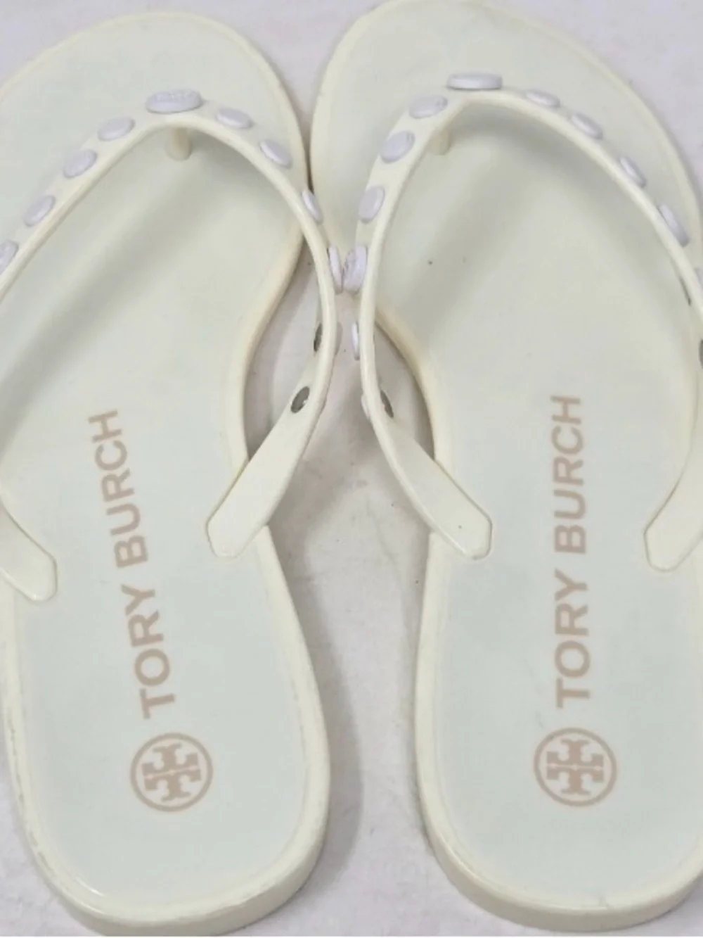 Tory Burch Cream Jelly Flip Flops with Logo Studs